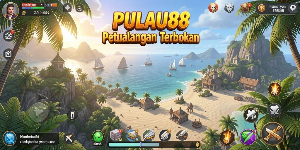 Screenshot PULAU88 menampilkan petualangan seru di sebuah pulau yang luas.