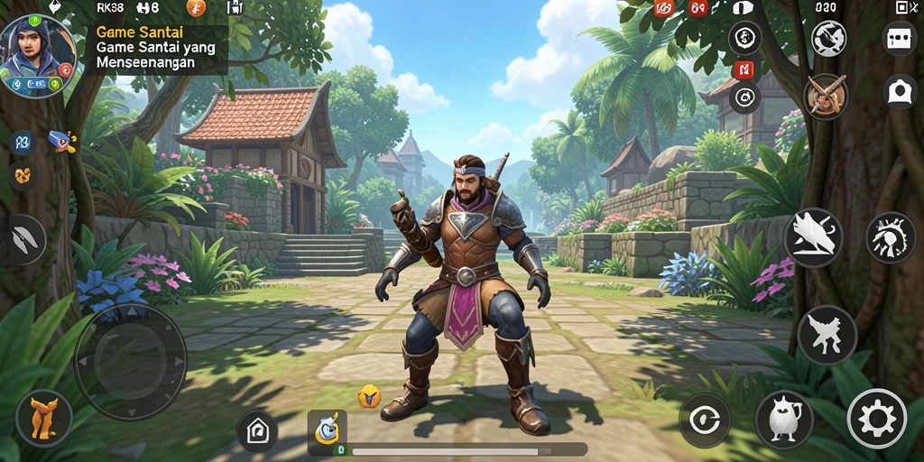 Screenshot gameplay RK88 yang menampilkan level santai dan grafis yang ceria.